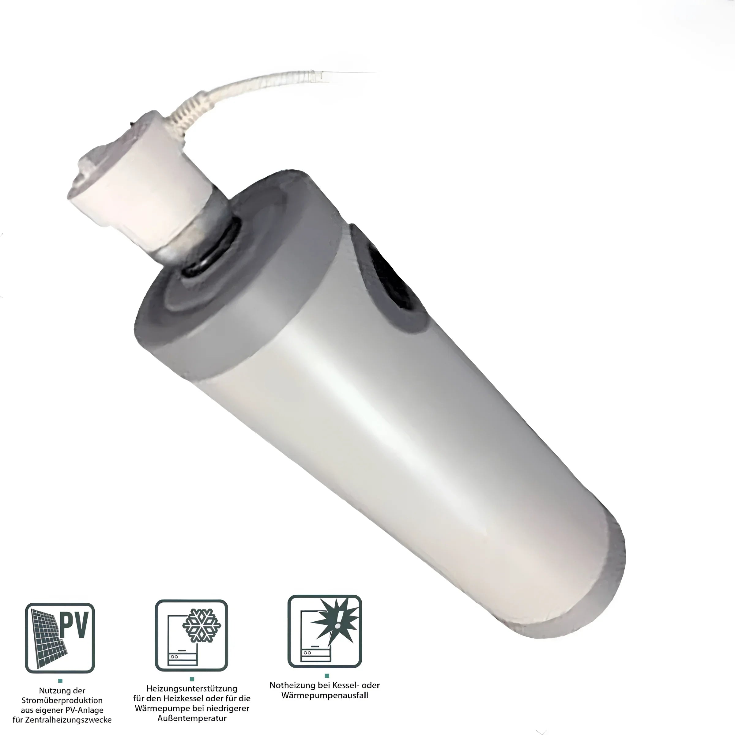 Weißes und graues zylindrisches Gerät mit Netzkabel für Durchlauferhitzer MDC 230 plus Heizstab 3 kW