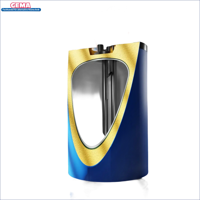 Blauer und goldener zylindrischer Trinkwasserspeicher Sunex FISH Carbon S4 mit Schnittansicht