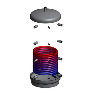 Explosionszeichnung eines Pufferspeicher mit integriertem eingeschweißten Glattrohrtauscher für Heizung