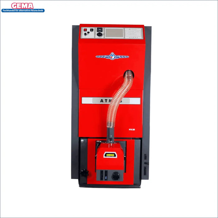 Pelletkessel ATMOS PX10 in rot 🔥| Förderfähig ohne Partikelabscheider, optimale Energieeffizienz 💡.