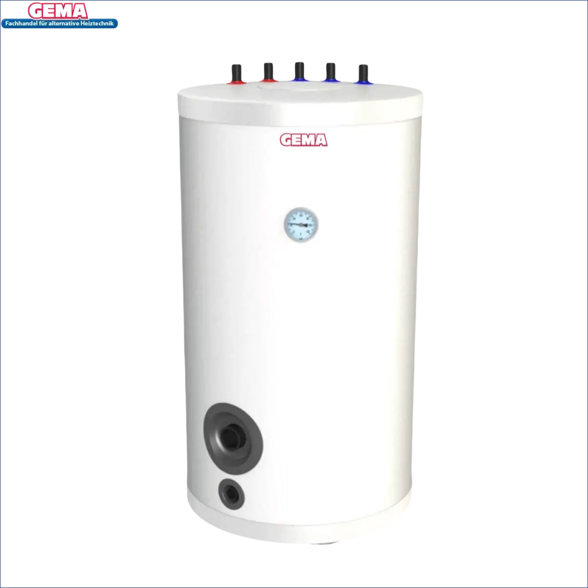 Weißer zylindrischer Warmwasserspeicher mit großem Wärmetauscher und geringem Wärmeverlust
