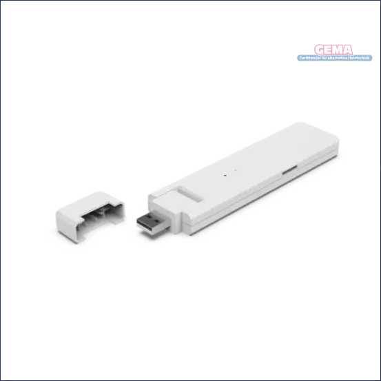 Weißer USB-Dongle mit abgenommenem Deckel für WLAN-Datenübertragung an HM-Mikrowechselrichter