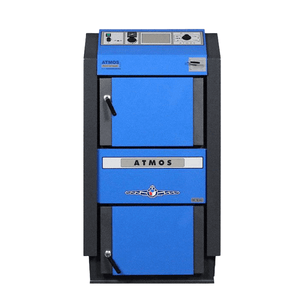 Blaue und graue Holzvergaserheizung in Produkt Atmos GSE Holzvergaser 25 kW