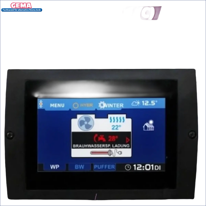 Schwarzes Touchpanel-Display der Brauchwasser Trinkwasser Heizungs Wärmepumpe DROPS M4.1D
