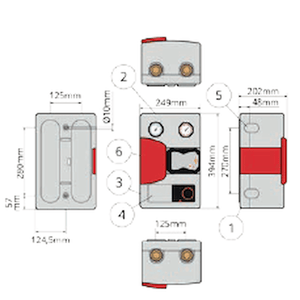 Technische Zeichnung der Pumpengruppe DN 25 mit Maßen und Anschlussdetails, ideal für Heizsysteme 🛠️🔧