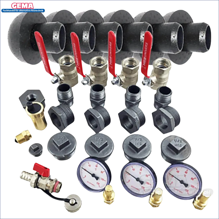 Plumbing manifold mit Ventilen und Anschlüssen für Thermoflux Pelling 25/230 mit Pufferspeicher