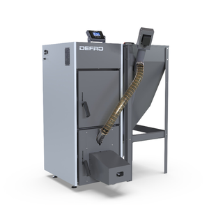 Grauer und weißer Pelletkessel mit Hopper, Modell NEXTPELL+ 16 kW von Defro