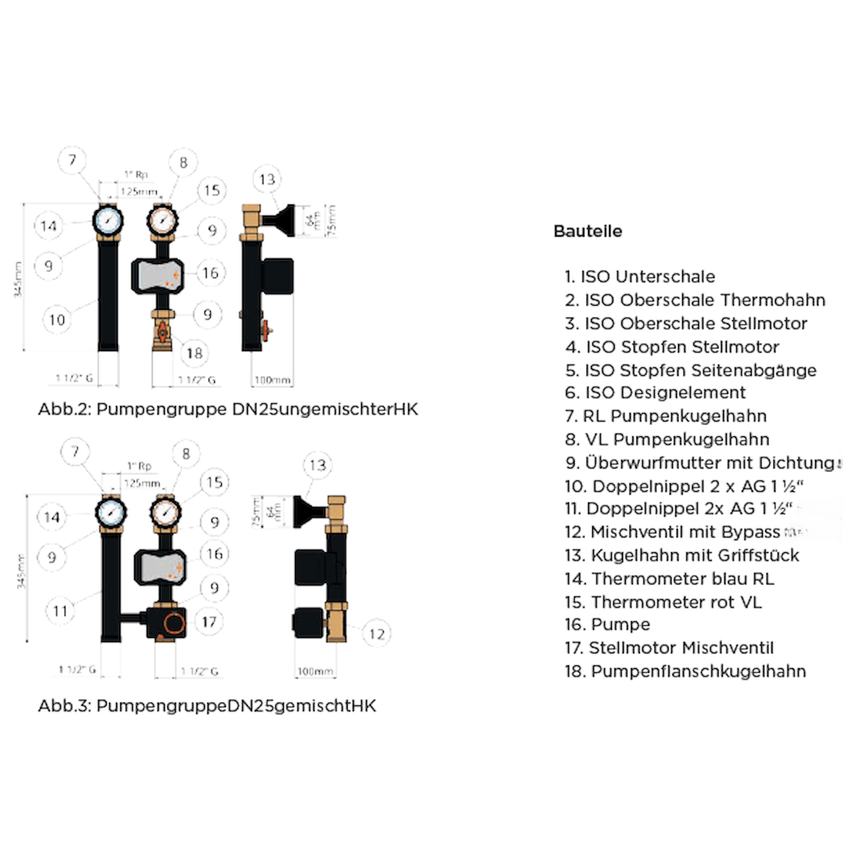 Technische Zeichnung der Wita Pumpengruppe DN25 mit 3-Wege-Mischer, Stellmotor und Pumpenkomponenten 🔧💧