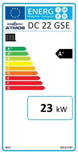 Energieeffizienzlabel für Heizgerät Atmos GSE Holzvergaser 25 kW mit Touch-Display