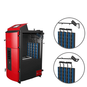 Roter und schwarzer Pelletkessel mit internen Komponenten für Holzvergaser Attack SLX Lambda Touch 25 kW
