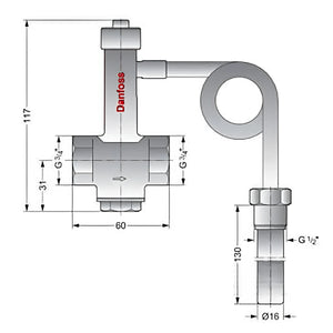 Plumbing valve mit coiled pipe und Maßen, Teil der thermischen Ablaufsicherung für Defro Heizkessel
