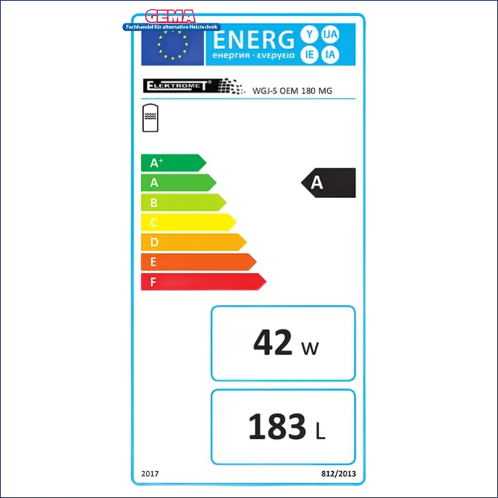 Energieeffizienzlabel an Brauchwasserspeicher 180 L mit Heizstab 3 kW