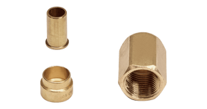 Set of three brass fittings including a nut and two adapters, used for plumbing and HVAC applications.