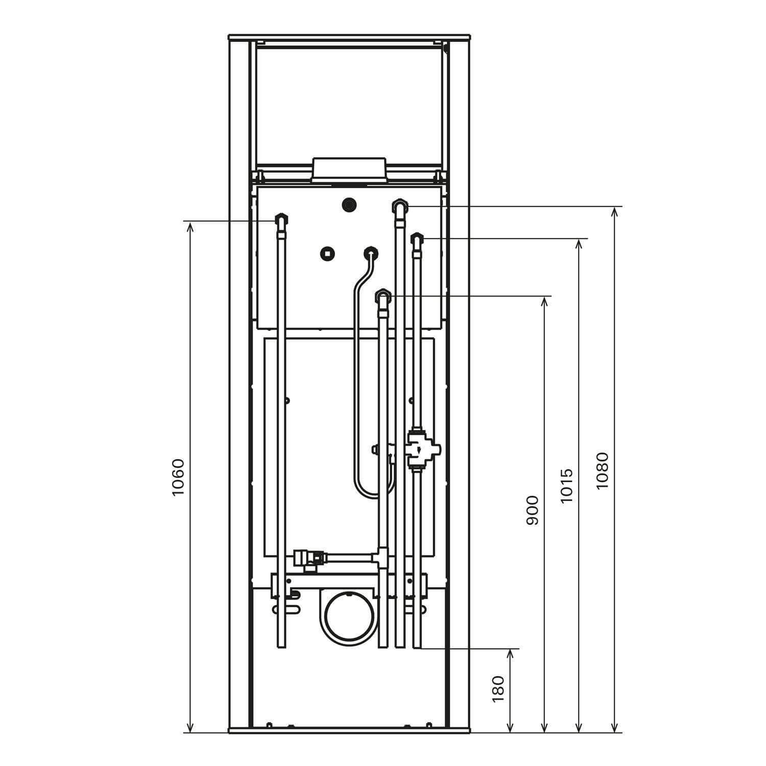 Plumberingschema mit Höhemaßnahmen für wasserführenden Kaminofen mit großer Sichtscheibe