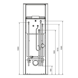 Plumberingschema mit Höhemaßnahmen für wasserführenden Kaminofen mit großer Sichtscheibe
