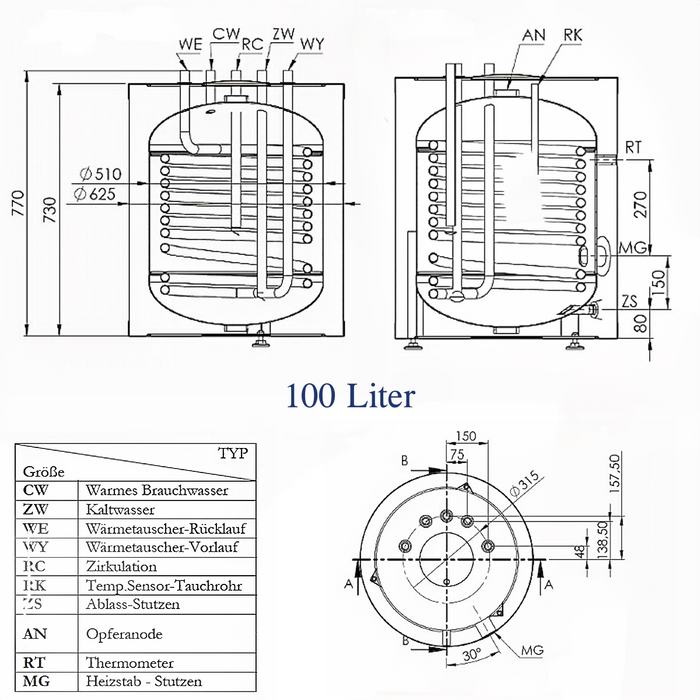 Réservoir d'eau chaude Réservoir d'eau potable Réservoir d'eau usée 100 litres