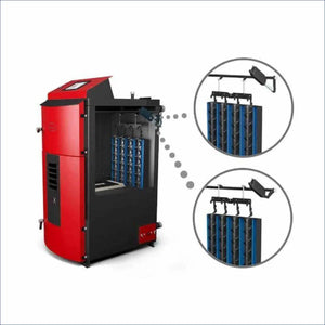Bild eines roten und schwarzen Pelletkessels mit internen Komponenten für den Attack SLX Kombikessel 35 kW