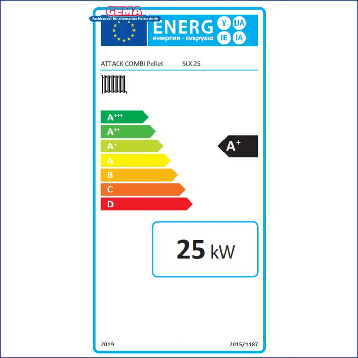 Energieeffizienzlabel für Attack SLX Kombikessel, zeigt A+ Rating und 25 kW Leistung ⚡. Ideal für Holz & Pellets.