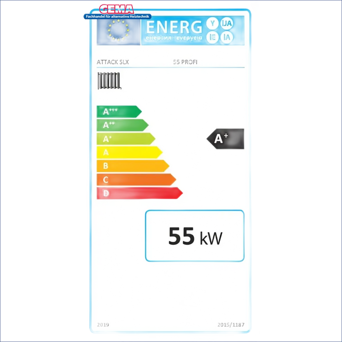Energieeffizienzlabel für Heizgerät Attack SLX Profi Holzvergaser 55 kW