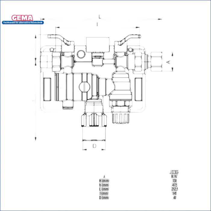 Technische Zeichnung mit Maßen für Automatische Heizungs-Füllarmatur DN20 ¾’ BA 6628 plus