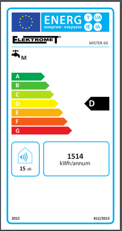 Energieeffizienzlabel für Elektro Hängespeicher 20-140 Liter mit Verbrauch und Geräuschpegel