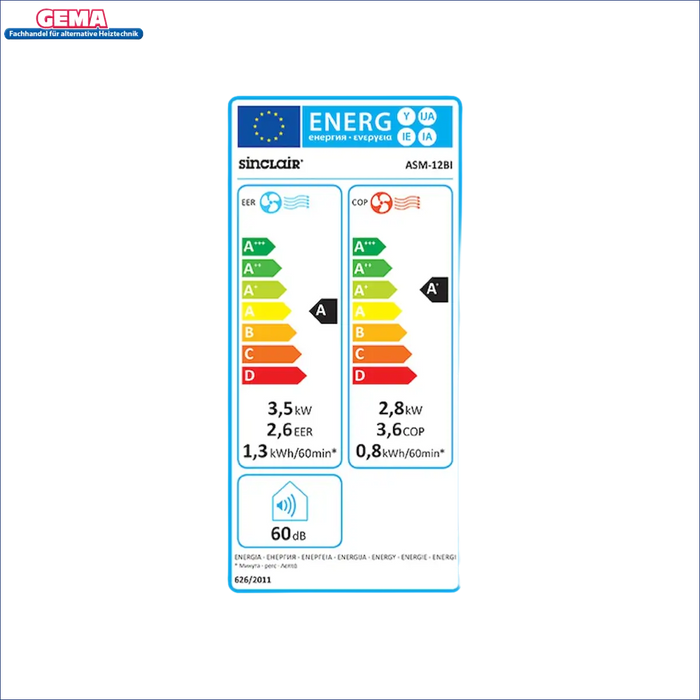 Energieeffizienzlabel für Klimaanlage Monoblock ASM-12BI Sinclair mit R32