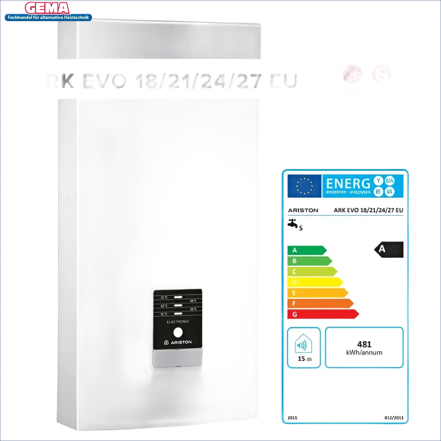 Weiße Ariston Wasserheizung mit Energieetikett für Durchlauferhitzer 18-27 kW, ideal für kaltes Trinkwasser