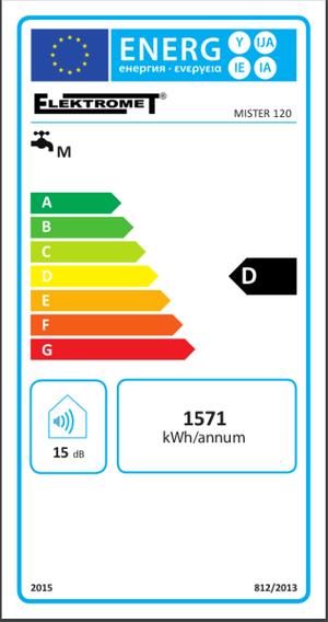 Energieetikett für Elektro Hängespeicher 20 mit Effizienzklasse D, 1571 kWh, 15 dB