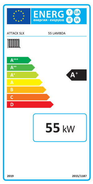 Energieeffizienzlabel für den Attack SLX Lambda Holzvergaser 55 kW Heizgerät