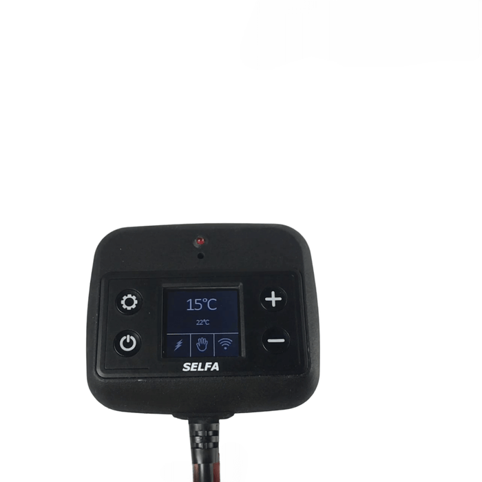 Bedienfeld für Elektroheizstab 🌡️ mit WLAN-Steuerung von Selfa, zeigt Temperatur und Einstellungen an.