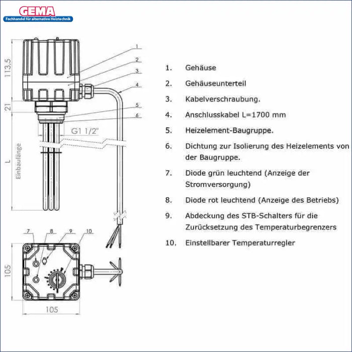 Diagramm des Elektroheizstabs mit Regler und Thermostat, zeigt Gehäuse, Anschlüsse, und Temperaturregler ⚙️🌡️.