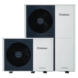 Zwei weiße und schwarze Vaillant Wärmepumpe aroTHERM plus, luft wasser-wärmepumpe mit hoher heizleistung elektr
