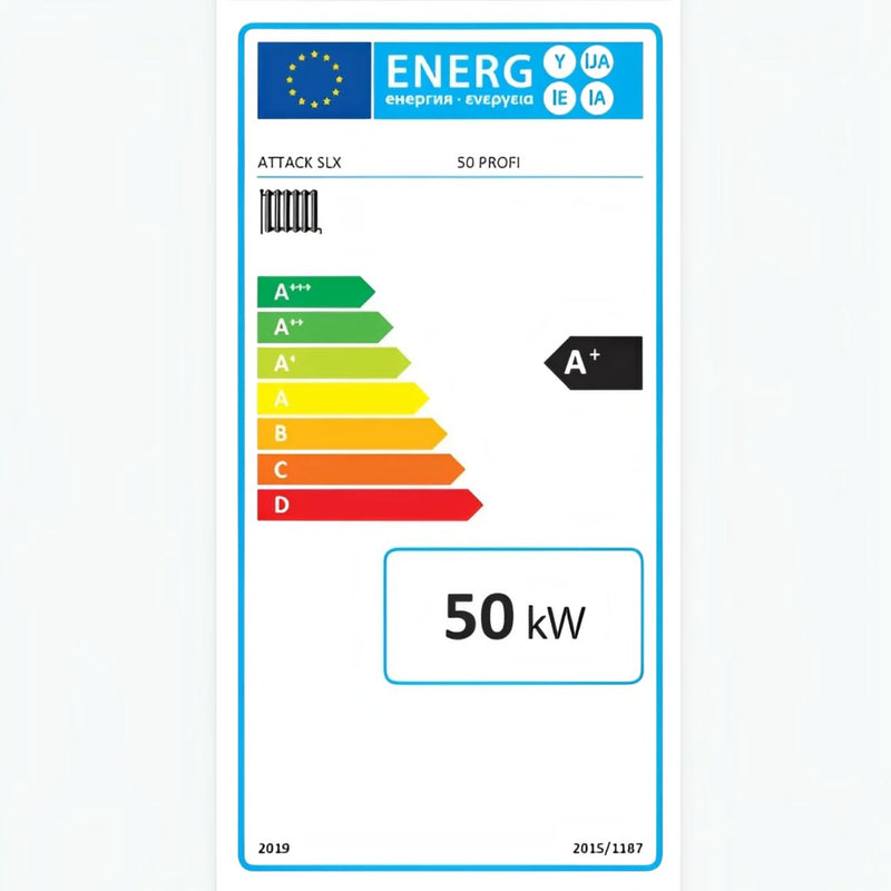 GEMA Shop EU-Energielabel für ATTACK SLX 50 PROFI Holzvergaser mit 50 kW Nennleistung und Energieeffizienzklasse A+