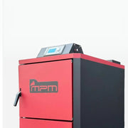 GEMA Shop MPM Caldo S-I 25 kW Holzvergaserkessel in Rot und Schwarz mit digitalem Bedienfeld für effizientes Heizen.