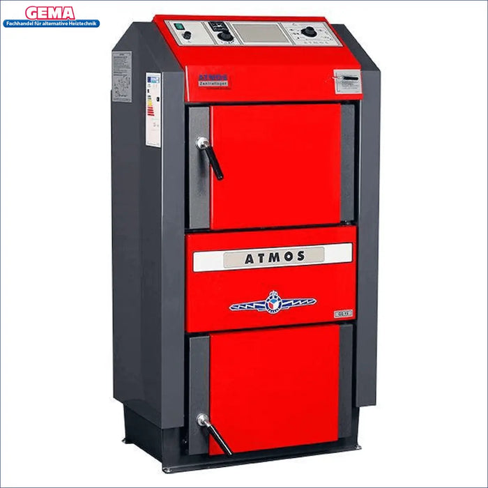 Heizkessel Atmos GS 🔥- 15 kW, effizienter Holzvergaser 🌳 mit 87,1% Wirkungsgrad, robustes Design in Rot und Schwarz.