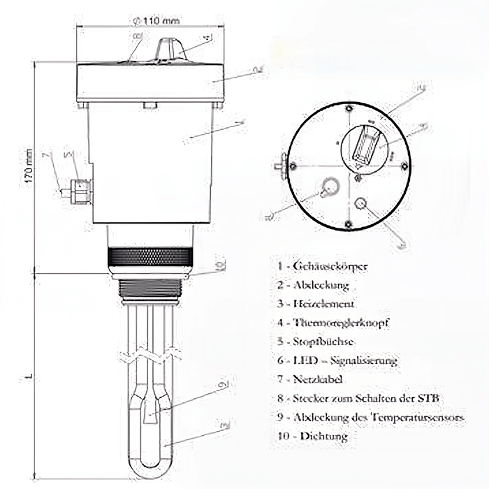 🔧 Technische Zeichnung der Heizpatrone mit Maßen und Steuerungskomponenten. Ideal für Heiz- und PV-Anlagen. ⚡