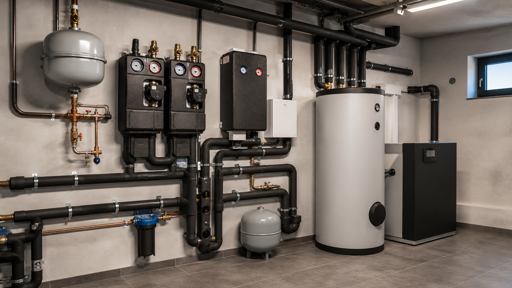 Accessoires de chauffage et technique système dans une chaufferie proprement installée avec groupe de pompage et vannes