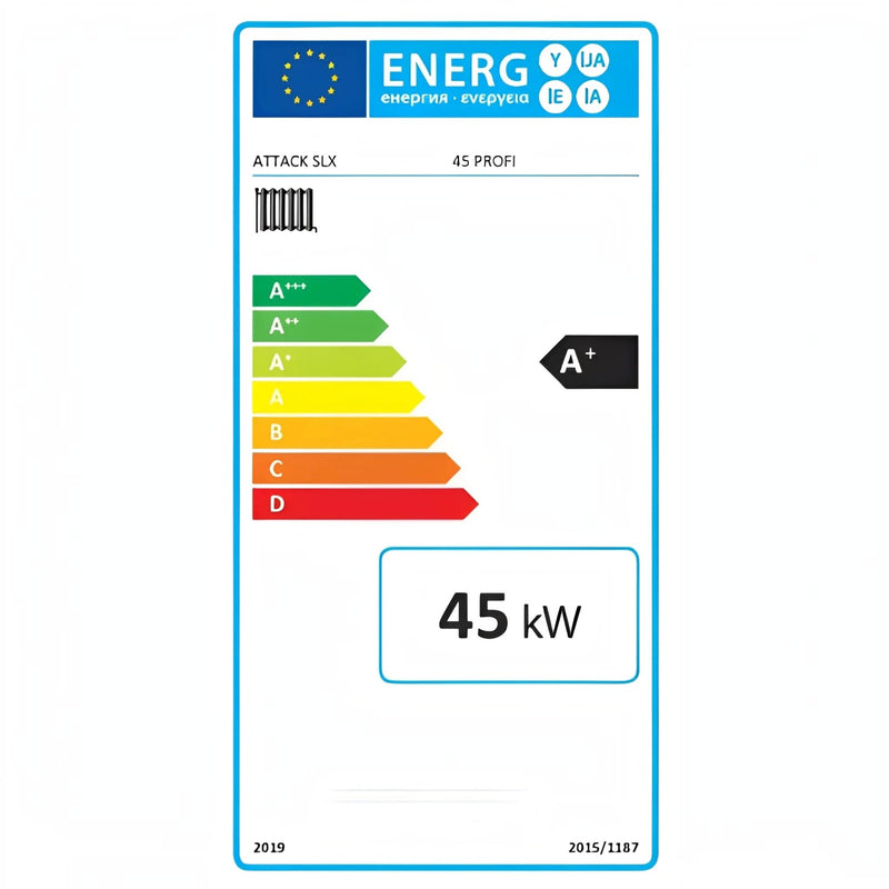 Energieeffizienzlabel A+ des ATTACK SLX 45 PROFI Holzvergaserkessels mit 45 kW