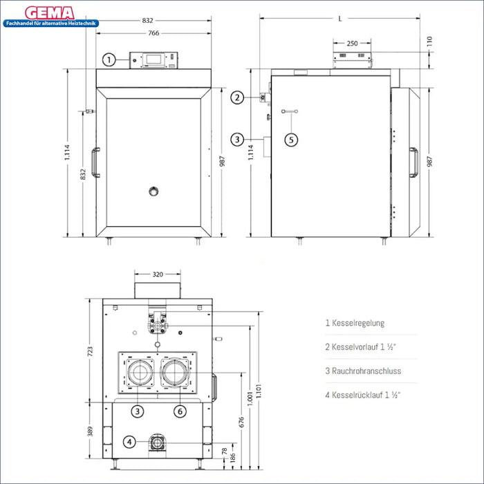 Technische Zeichnung des IBC Holzvergaserkessels GK 7 öko mit Maßangaben und Anschlussdetails. 🏠🔥