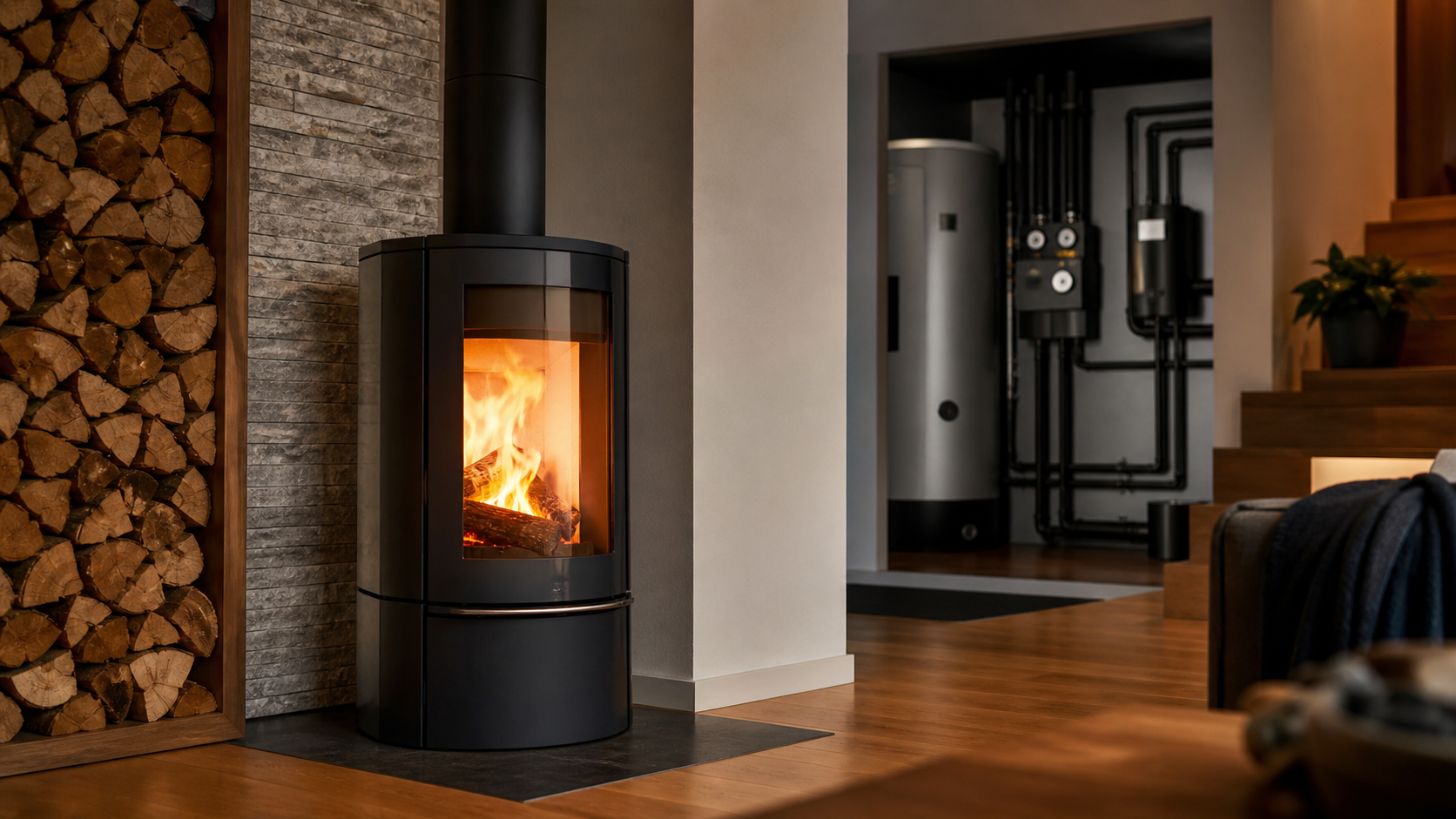 Cheminée à eau dans un salon moderne avec flamme visible et raccordement technique au chauffage