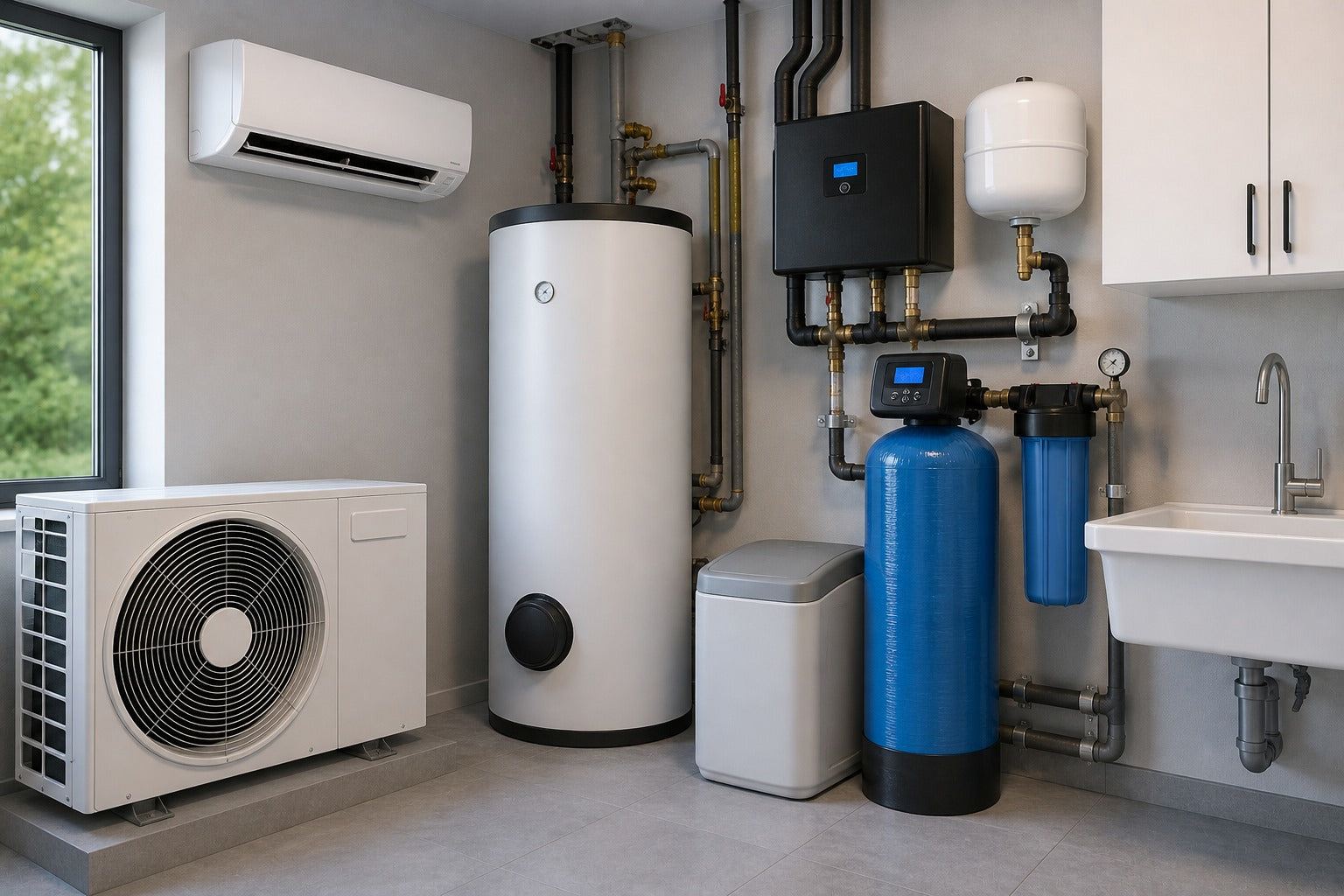 Climatisation et technique de l'eau avec climatiseur, réservoir, système de filtration et installation de tuyauterie dans la salle technique