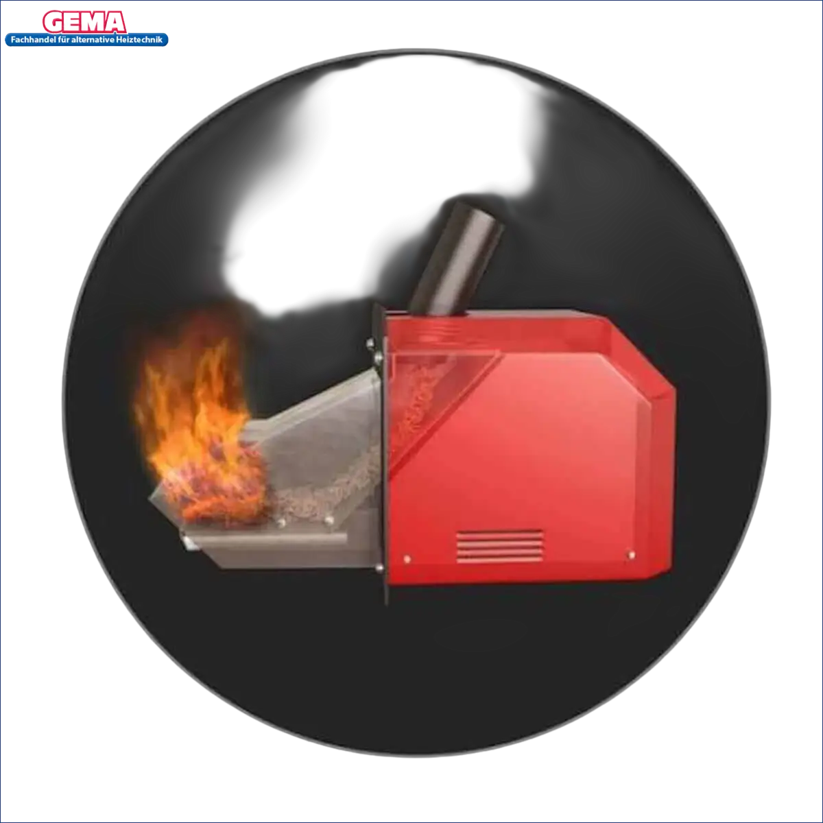 Roter Pelletbrenner mit Flammen im Komplettpaket für Solarthermie und Heizung