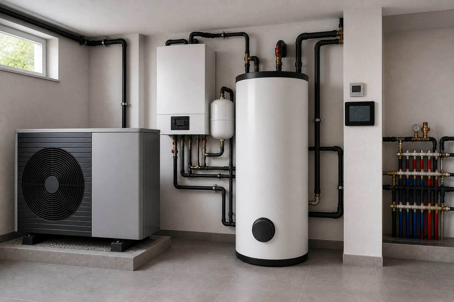 Pack complet pompe à chaleur avec unité extérieure, ballon et technique système dans chaufferie moderne