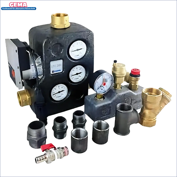 Plumbing manifold mit Druckmanometern und Anschlüssen für Solaranlagen und Pelletsysteme