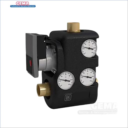 Schwarzer Manifold mit Druckanzeigen und Messinganschlüssen für LK 810 ThermoMat Rücklaufanhebung