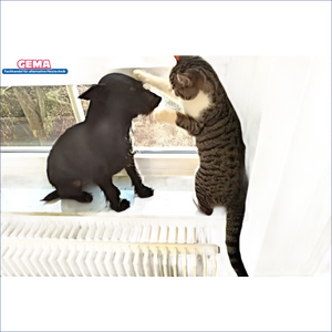 Hund und Katze auf Radiator neben Moderne Holzvergaserheizung mit hoher Effizienz