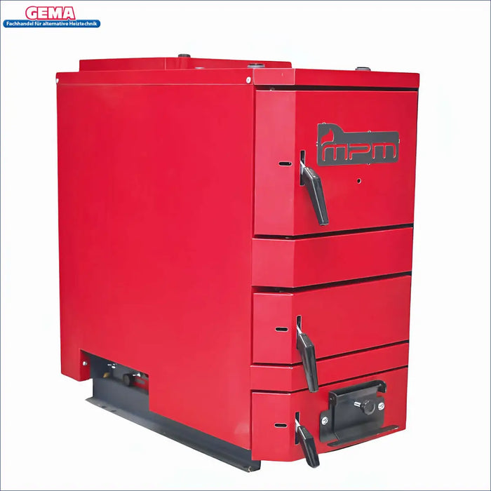 MPM Wood Plus 26 kW 🔥 - Innovativer Holzvergaserkessel in rotem Design, geeignet für effizientes Heizen mit Holz.
