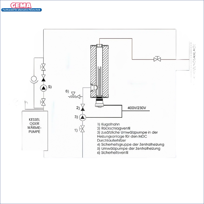 Diagramm eines Zentralheizungssystems für Nachheizmodul Notheizung Durchlauferhitzer MDC 230