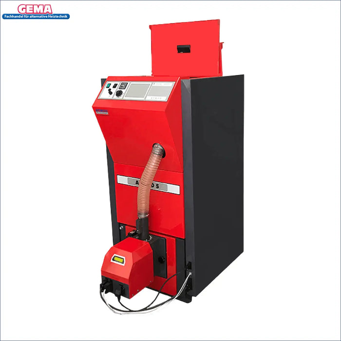 Pelletkessel ATMOS PX10 🔥 mit digitaler Steuerung und Auffangbehälter für effiziente Wärme 👨‍🔧💧