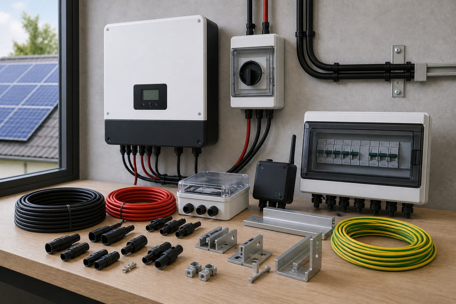 Accessoires PV avec onduleur, câbles, connecteurs et matériel de montage dans une salle technique moderne